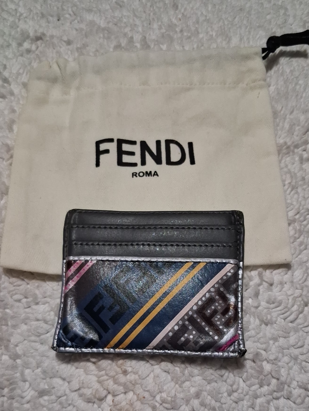 Fendi Gray Leather Card Holder with Multicolor Stripes